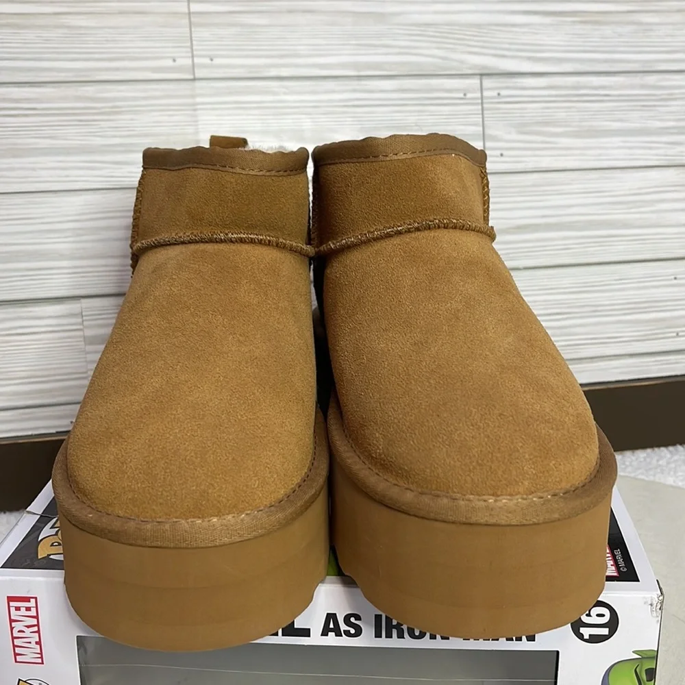 Brown Platform Mini Boot Short Ankle Fur Fleece Ultra Platform Anti-Slip…